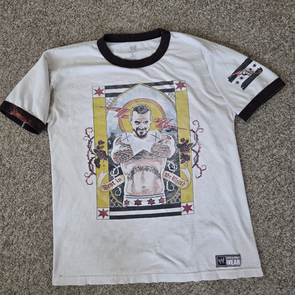 WWE Authentic Original 2013 CM Punk Second City Saint Size L Ringer Tee Thrashed